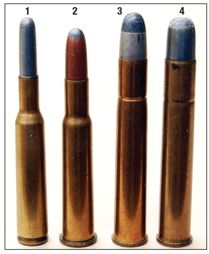 Four cartridges originally chambered in the Winchester M1895: (1) 236 Navy, (2) 30 U.S. Army, (3) 38-72-275 Winchester and (4) 40-72-330 Winchester.